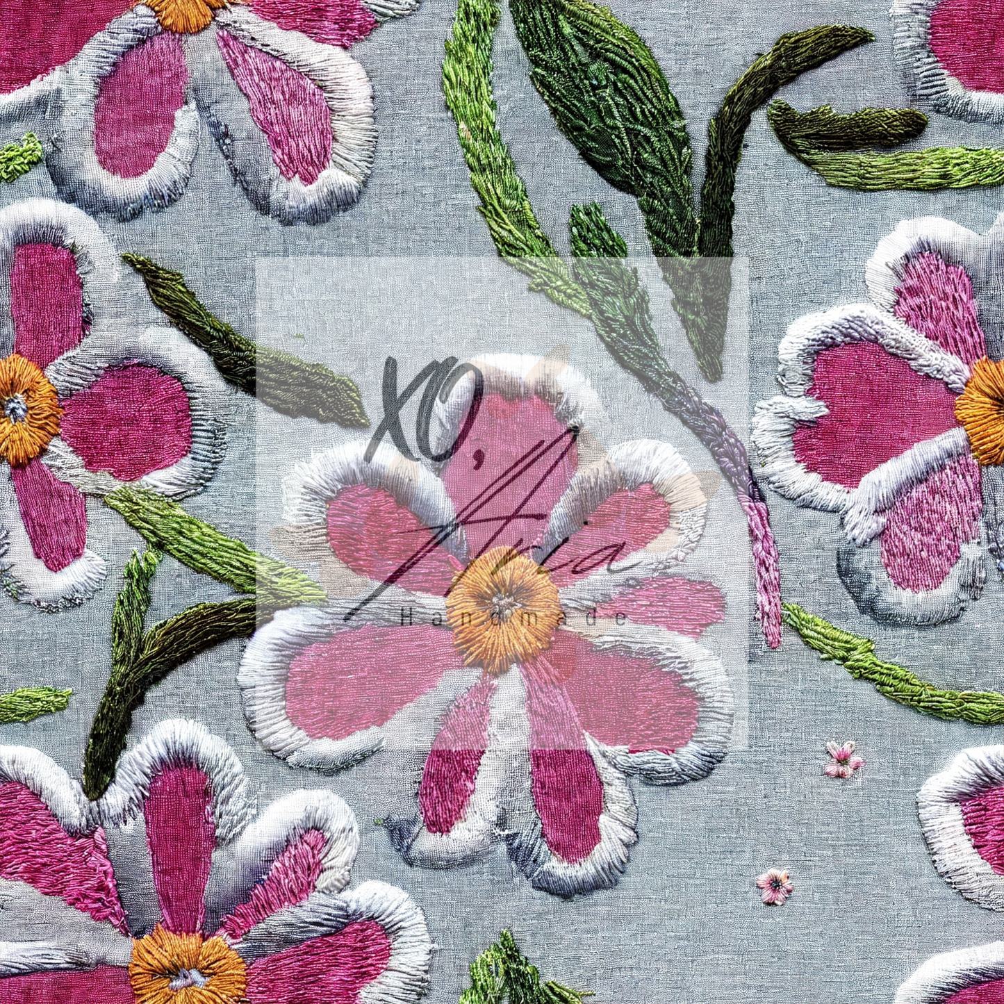 Faux Embroidered Pink & White Flowers