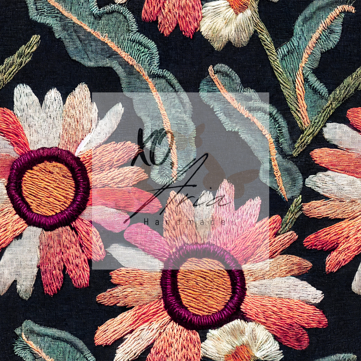 Faux Embroidered Pink & White Flowers