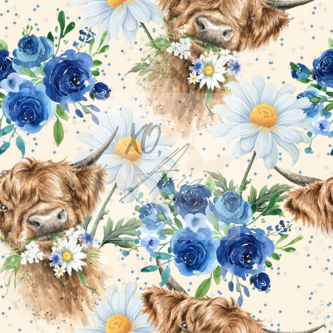 Blue Floral Highland Cows