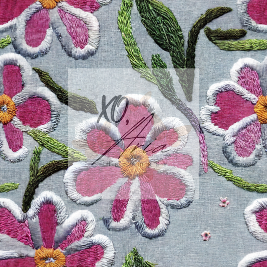 Faux Embroidered Pink & White Flowers