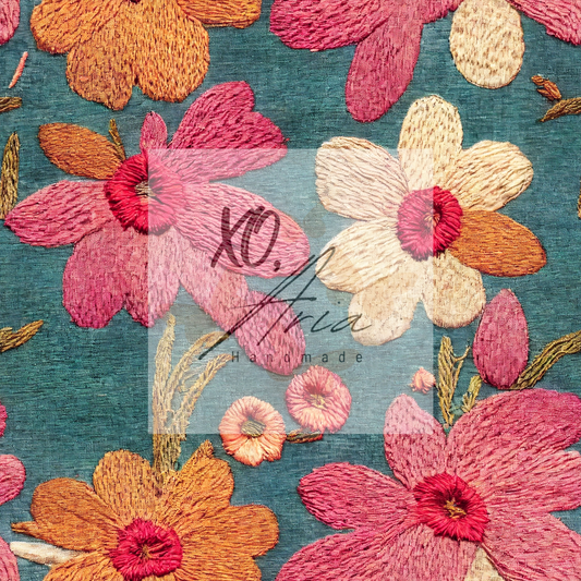 Faux Embroidered Flowers on Blue