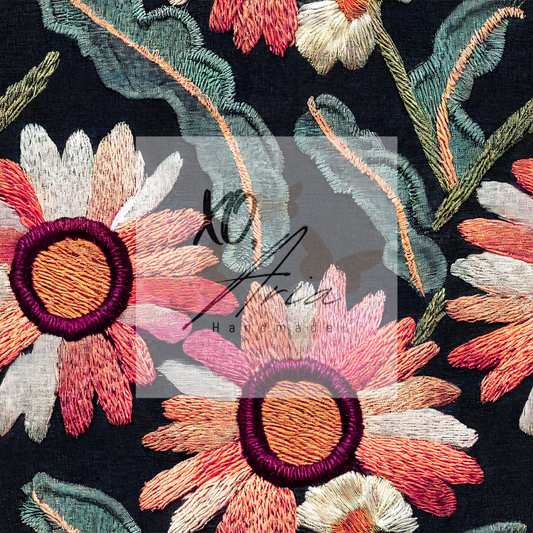 Faux Embroidered Pink & White Flowers