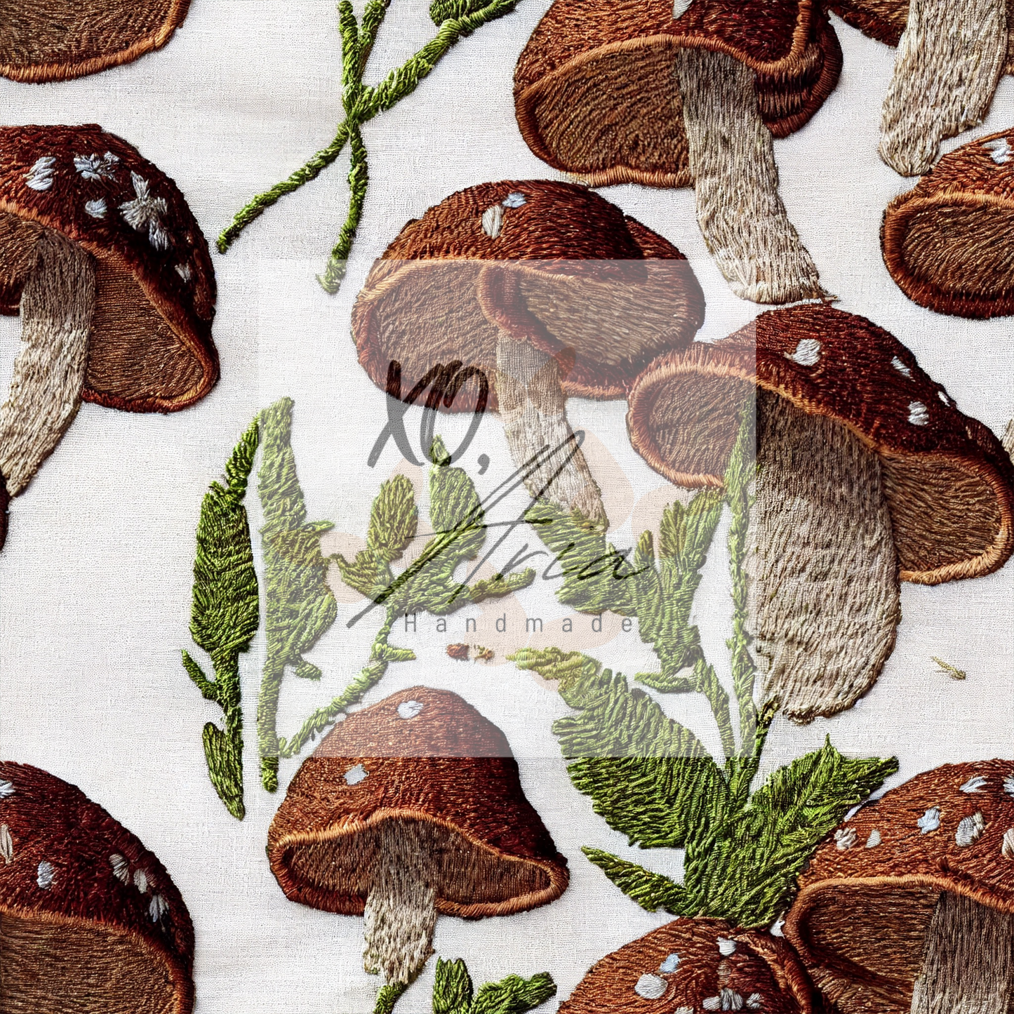 Faux Embroidered Mushrooms on White