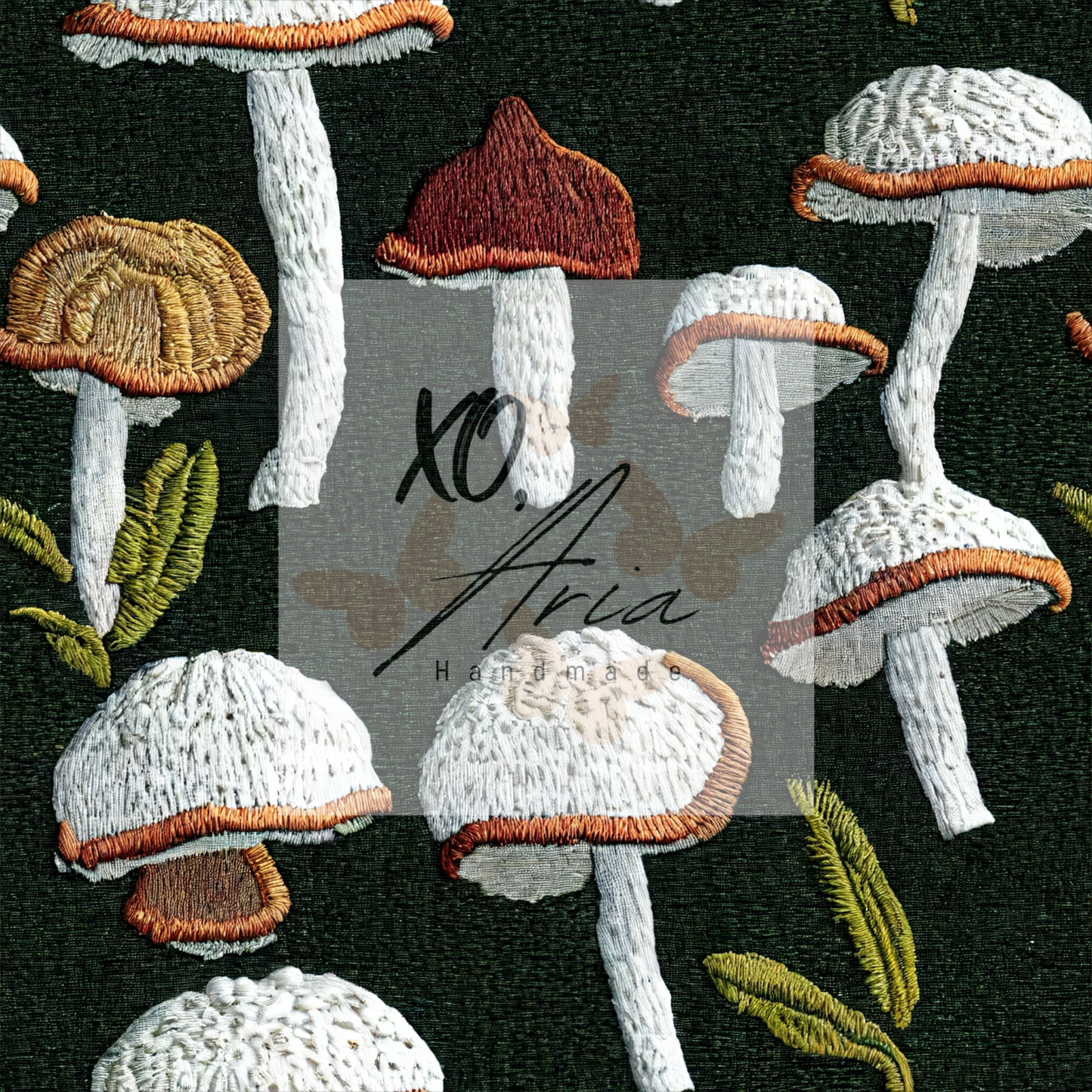 Faux Embroidered White & Brown Mushrooms