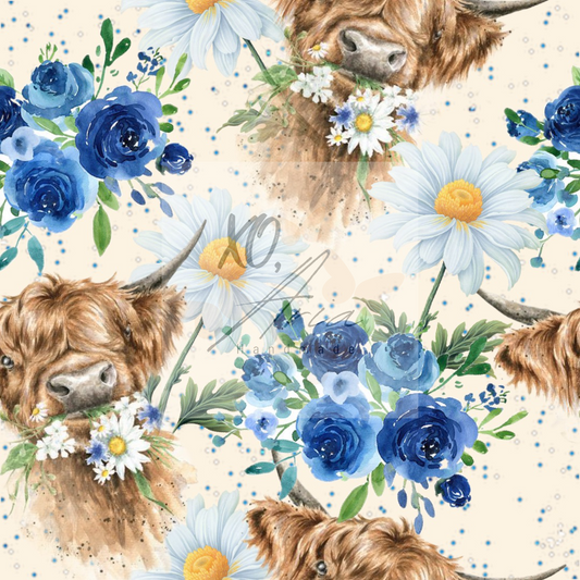 Blue Floral Highland Cows